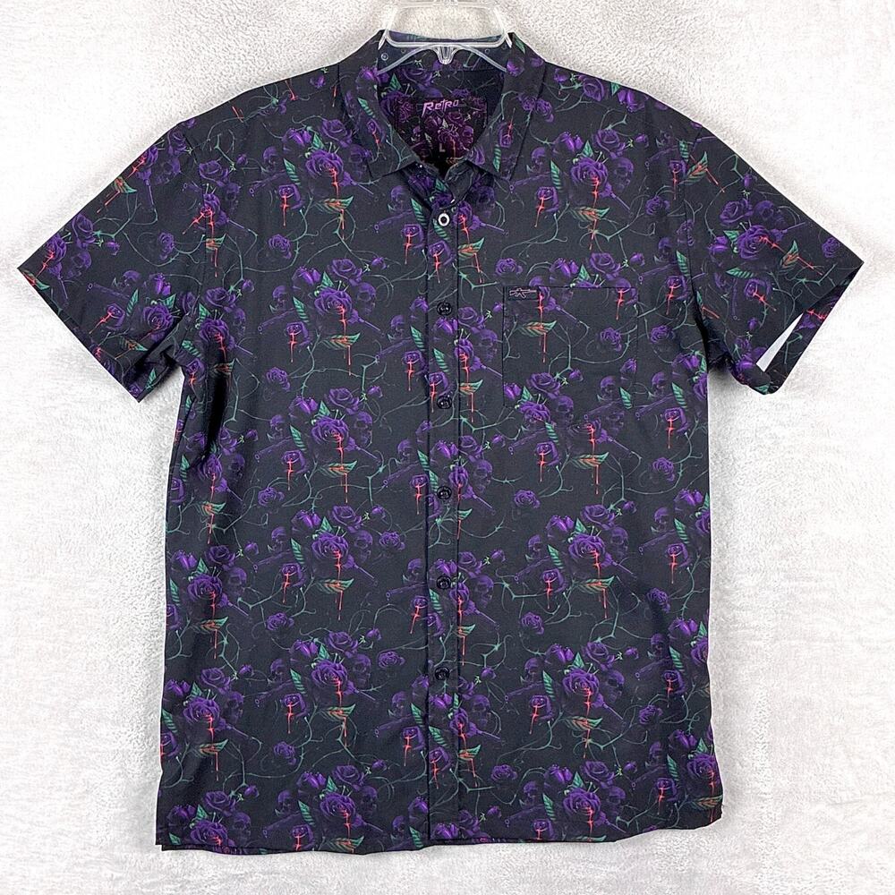 Retro Rifle Shirt Mens L Black Purple Sacrifice Skull Rose 1911 AOP Performance